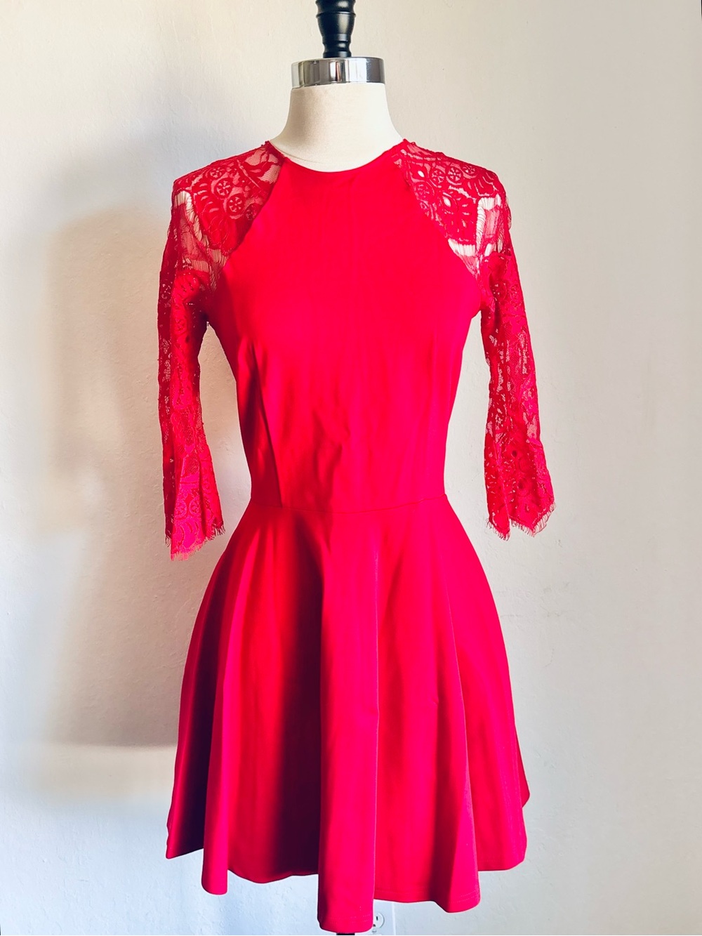 BB Dakota Yale Red Lace Sleeve Fit & Flare Mini Dress